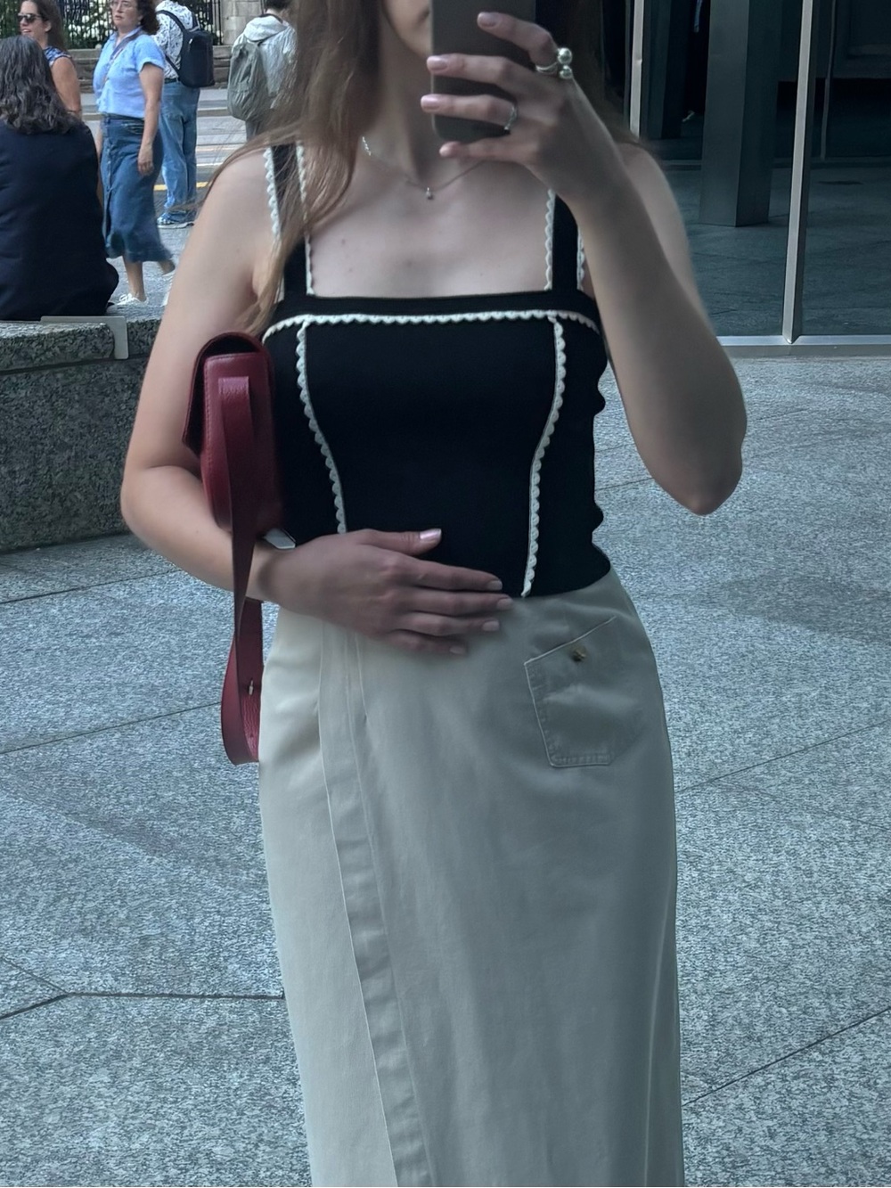Sandro Black Crop Top with Cream Scallop Trim